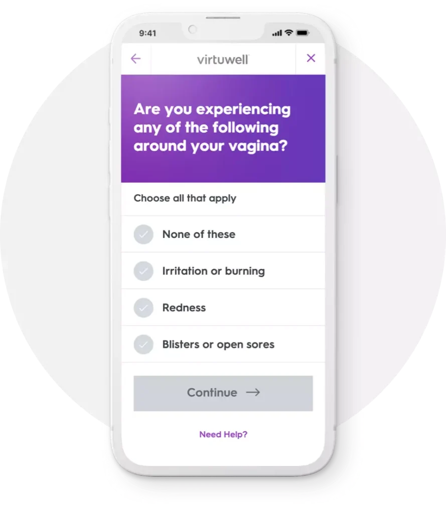 Image of the Virtuwell website on an iPhone which allows people to answer questions about their BV symptoms so that they can receive a diagnosis and treatment online.